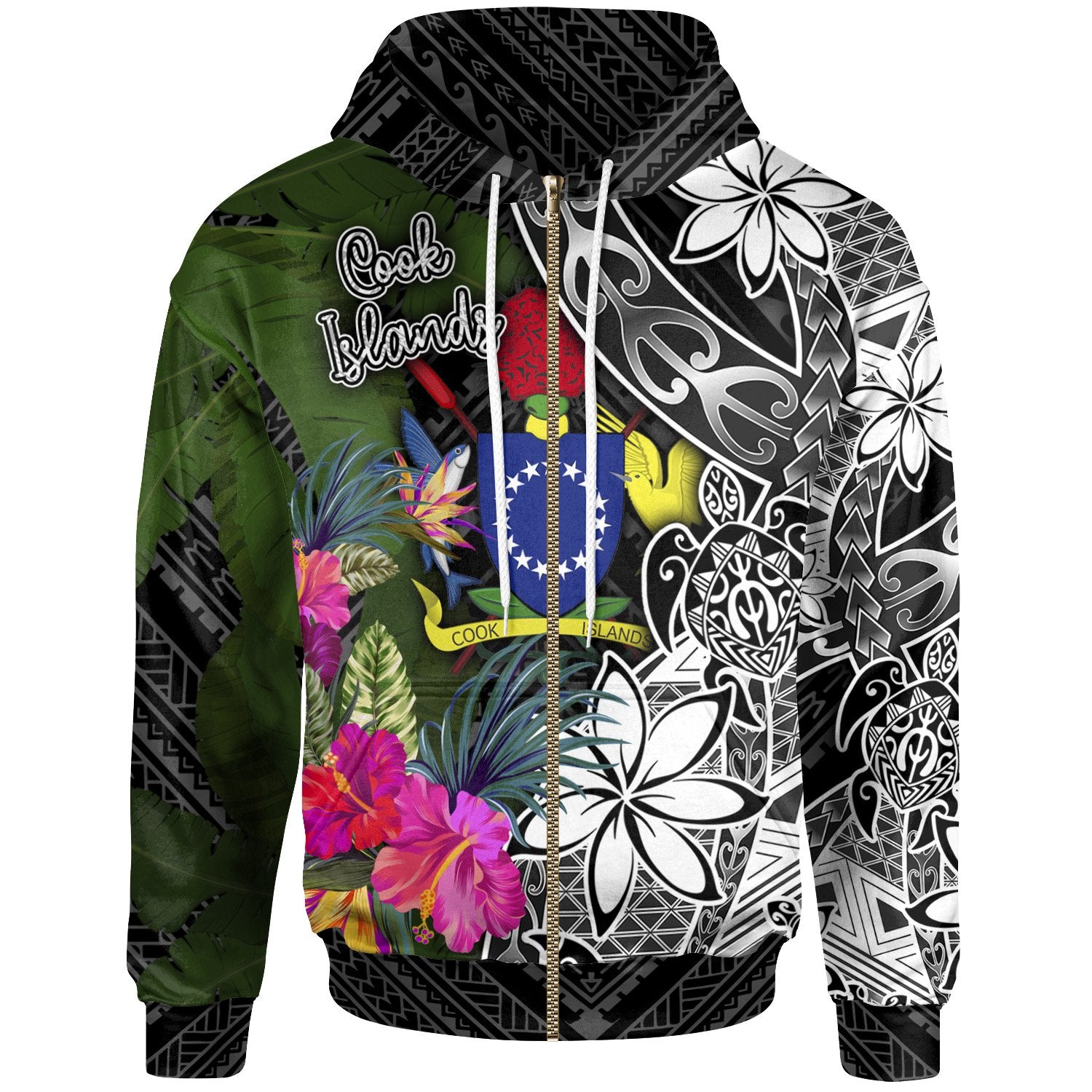 Cook Islands Zip up Hoodie Turtle Plumeria Banana Leaf Unisex Black - Polynesian Pride