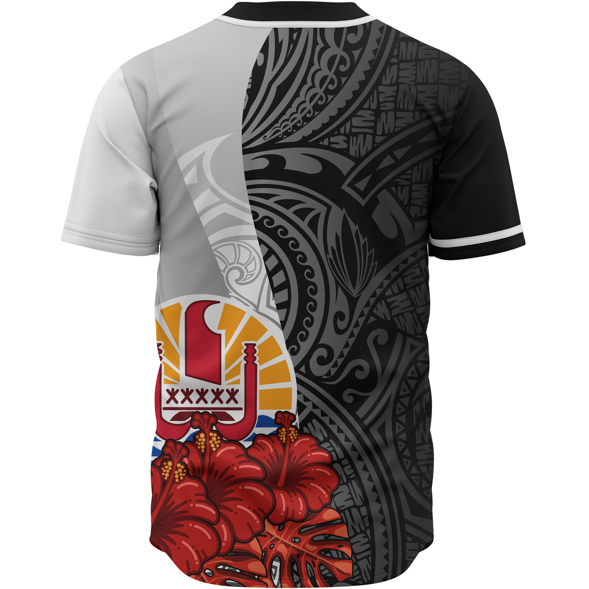 Tahiti Polynesian Baseball Shirt - Coat Of Arm With Hibiscus White - Polynesian Pride