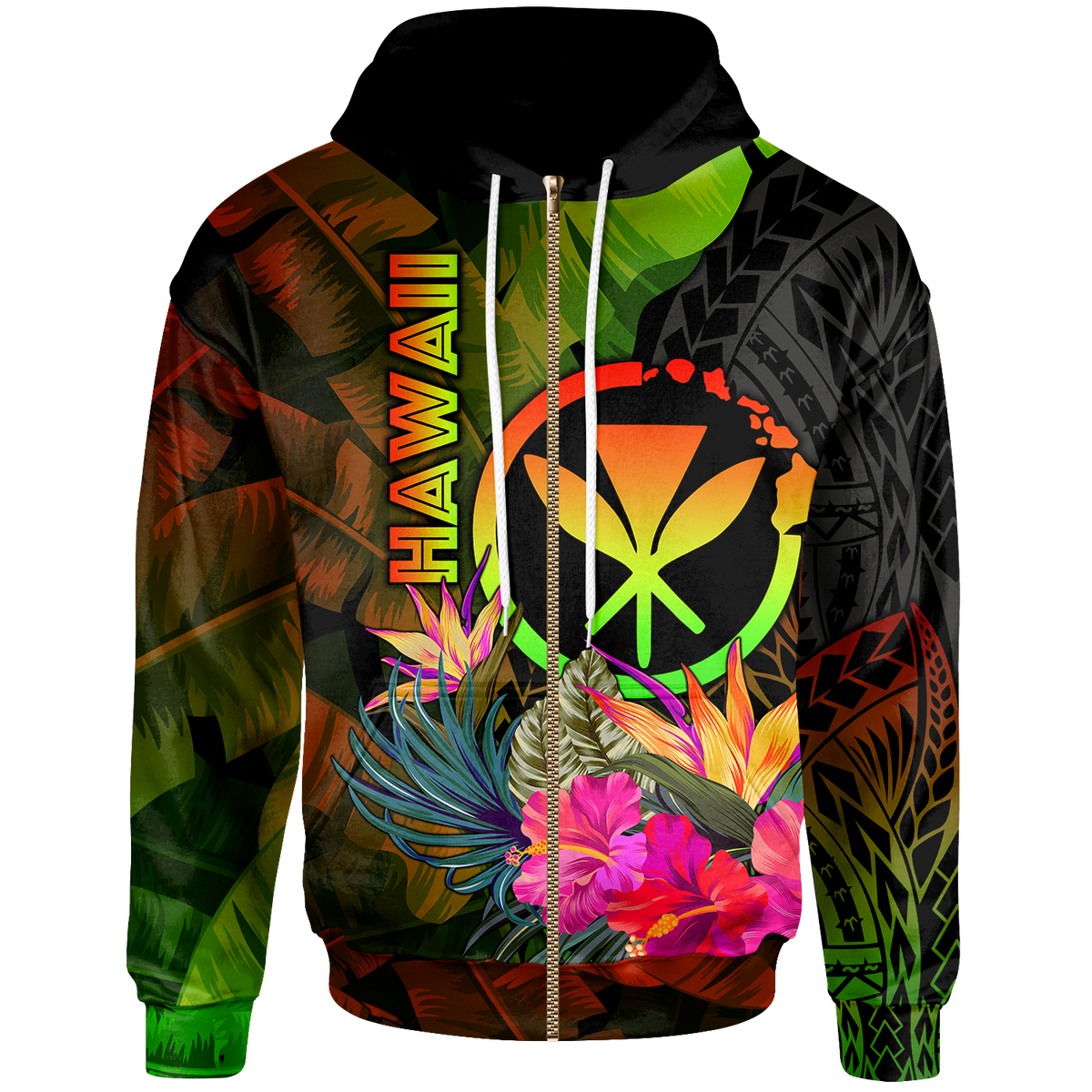 Polynesian Hawaii Kanaka Maoli Polynesian Zip up Hoodie Hibiscus and Banana Leaves Unisex Reggae - Polynesian Pride