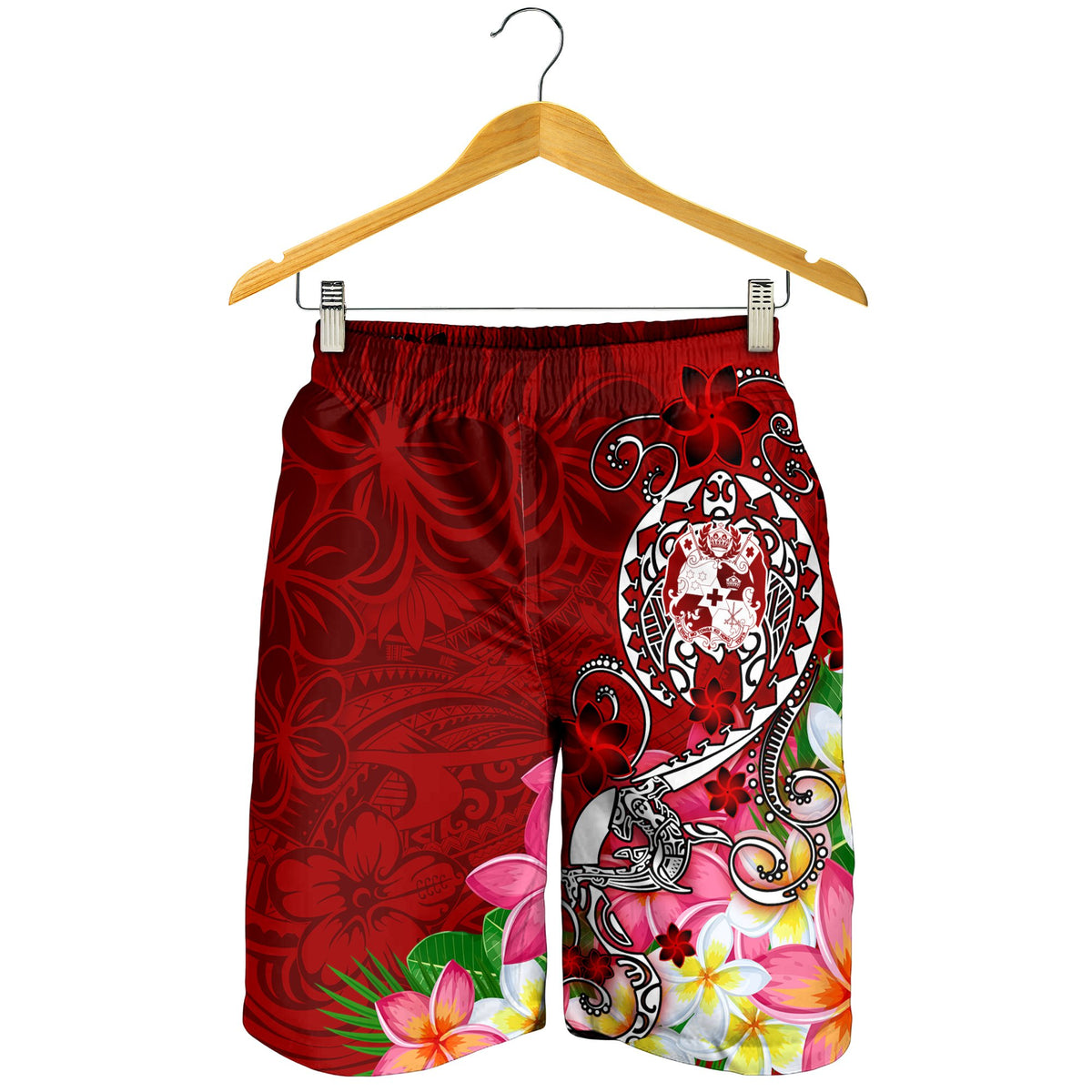 Tonga Men's Shorts - Turtle Plumeria (RED) - Polynesian Pride