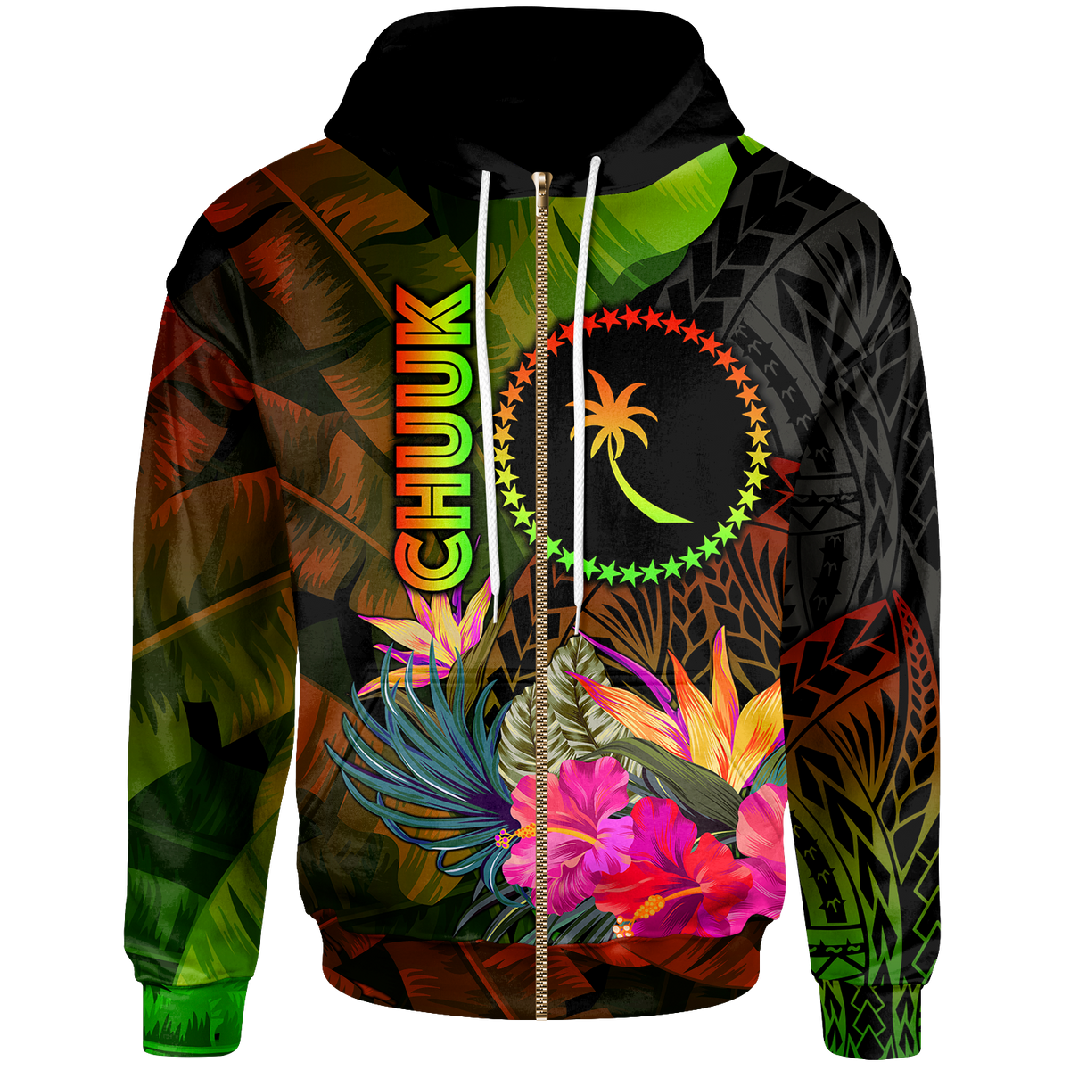 Chuuk Polynesian Zip up Hoodie Hibiscus and Banana Leaves Unisex Reggae - Polynesian Pride