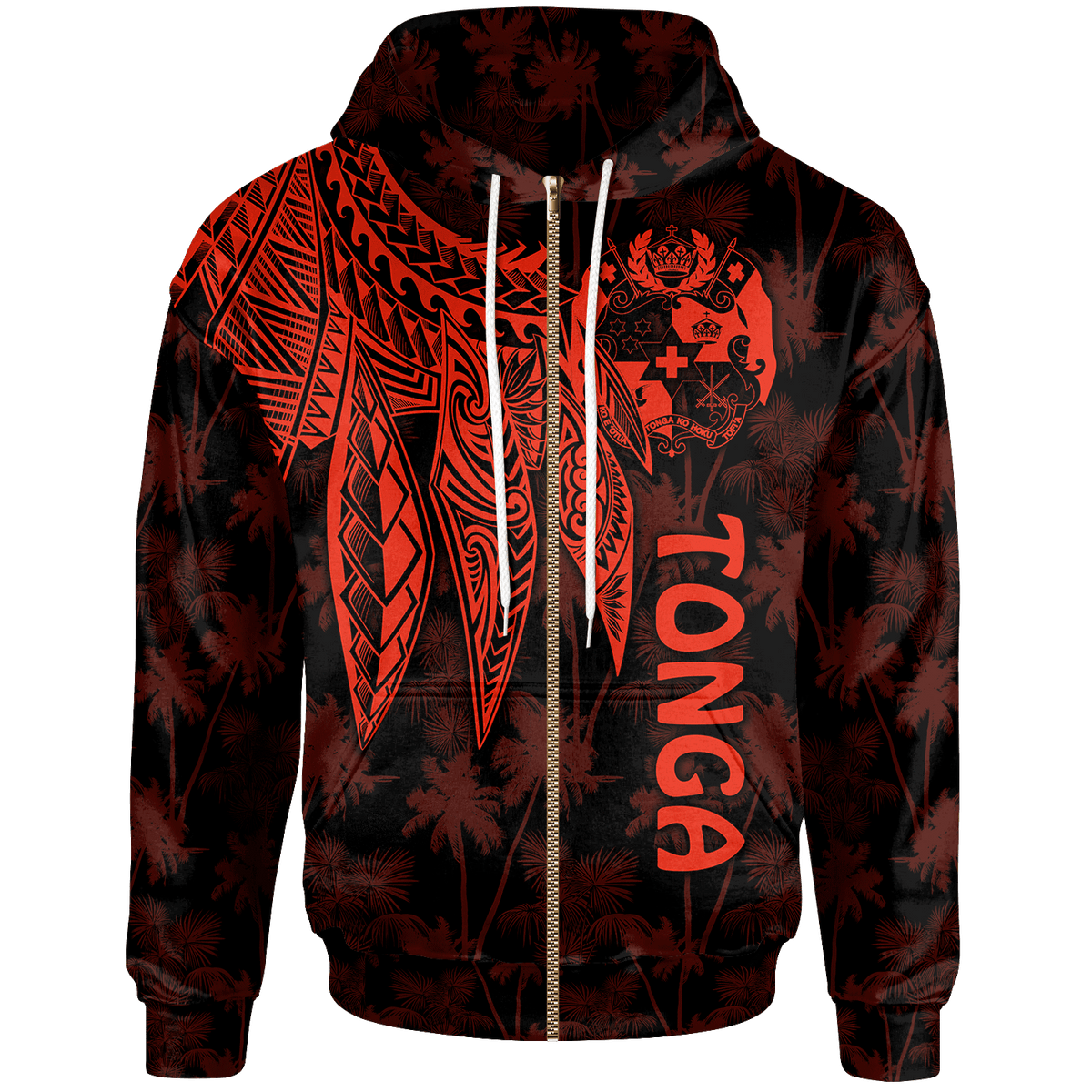 Tonga Zip up Hoodie Polynesian Wings (Red) Unisex Red - Polynesian Pride