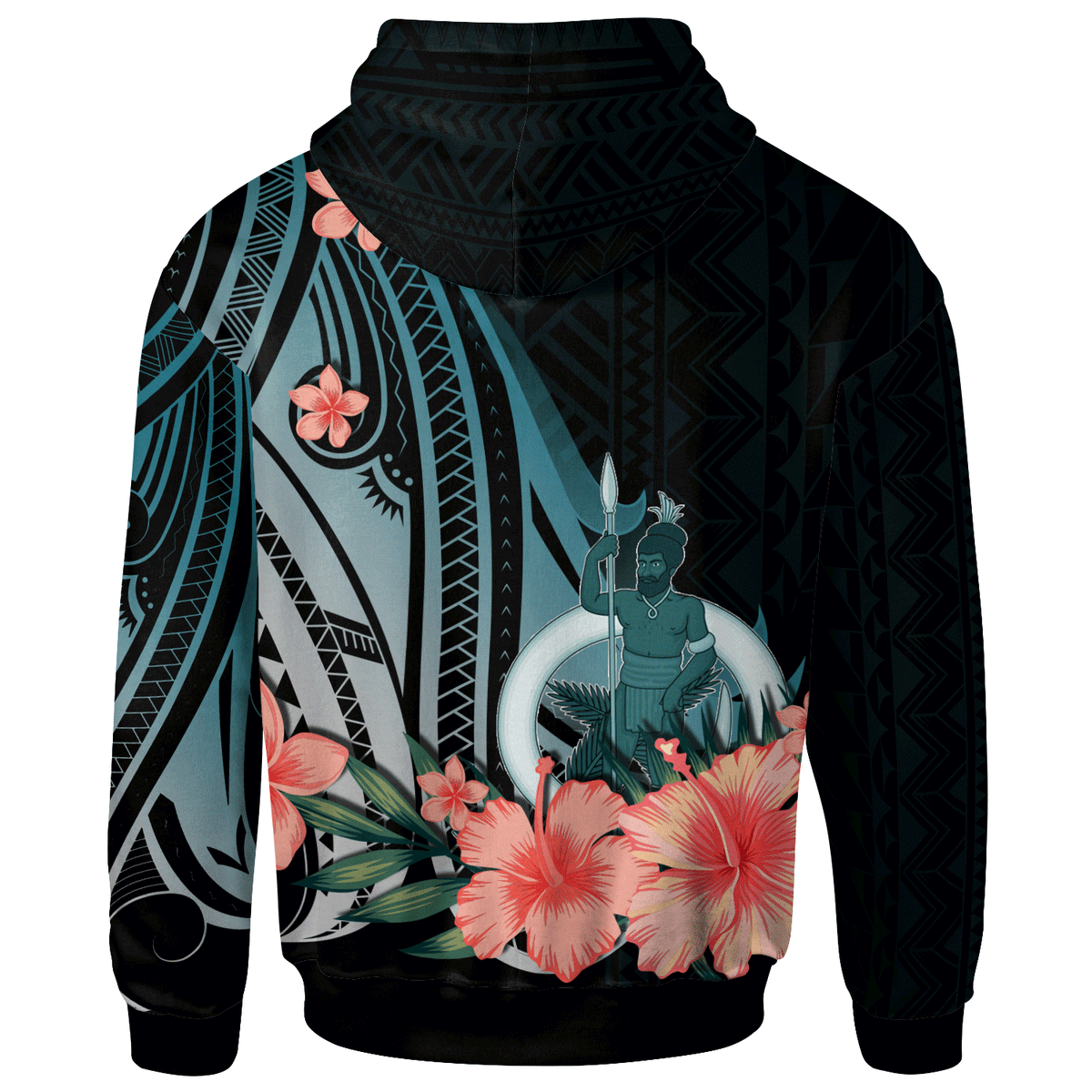 Vanuatu Custom Zip Hoodie Turquoise Polynesian Hibiscus Pattern Style - Polynesian Pride