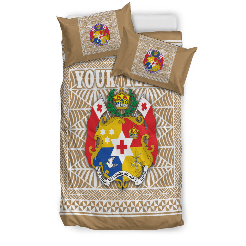 (Custom Personalised) Tonga Pattern Bedding Set Coat of Arms - Beige and White LT4 - Polynesian Pride