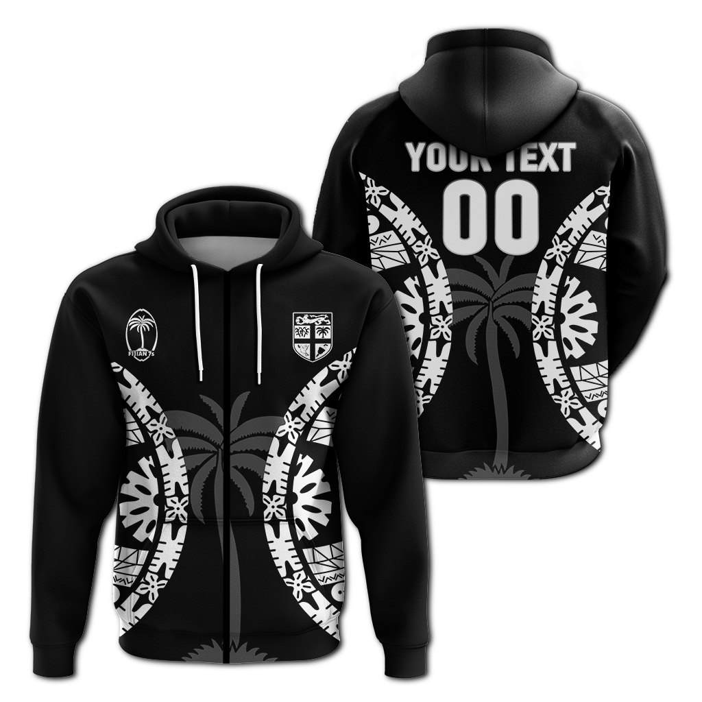 Custom Fiji Rugby Sevens Fijian Tapa Pattern Hoodie LT12 Zip Hoodie Black - Polynesian Pride