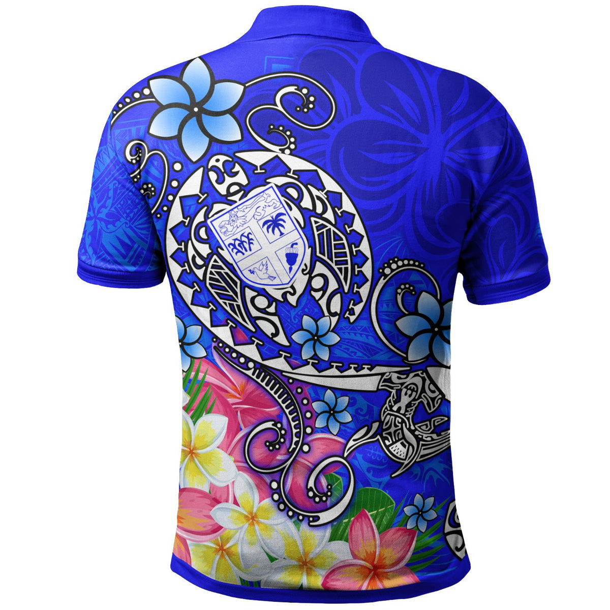 Fiji Custom Polo Shirt Turtle Plumeria (Blue) - Polynesian Pride