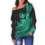 Hawaii Humpback Whale With Hibiscus Tribal Turquoise Women Off Shoulder Sweater - LT12 - Polynesian Pride