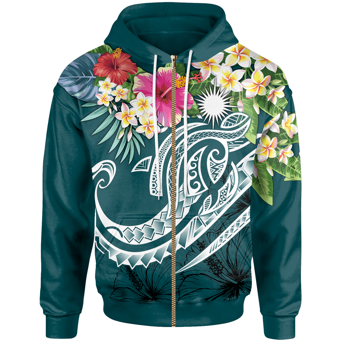 Marshall Islands Polynesian Zip up Hoodie Summer Plumeria (Turquoise) Unisex Turquoise - Polynesian Pride