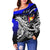 Tonga Women's Off Shoulder Sweaters - Tribal Jungle Pattern Blue Color - Polynesian Pride