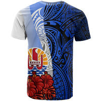 Tahiti Polynesian Custom T Shirt Coat of Arm With Hibiscus Blue - Polynesian Pride