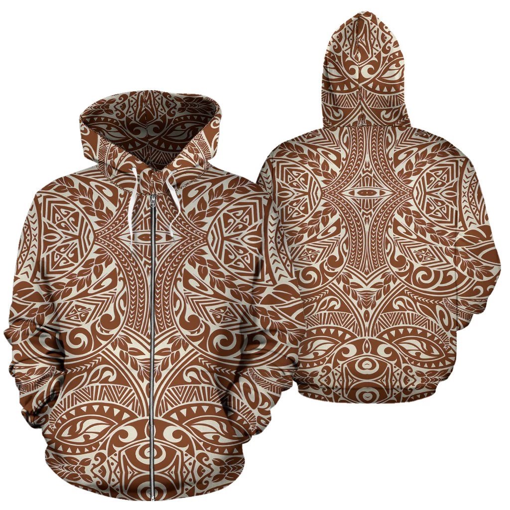 Polynesian Zip up Hoodie Tribal 13 Unisex Brown - Polynesian Pride
