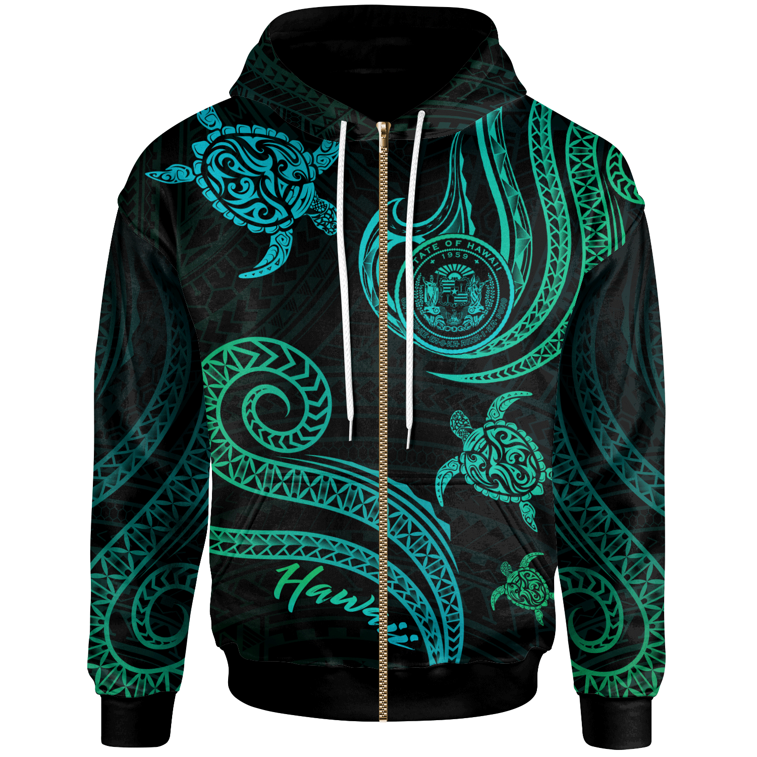 Hawaii Zip Hoodie Polynesian Turtle With Pattern Unisex Blue Green - Polynesian Pride