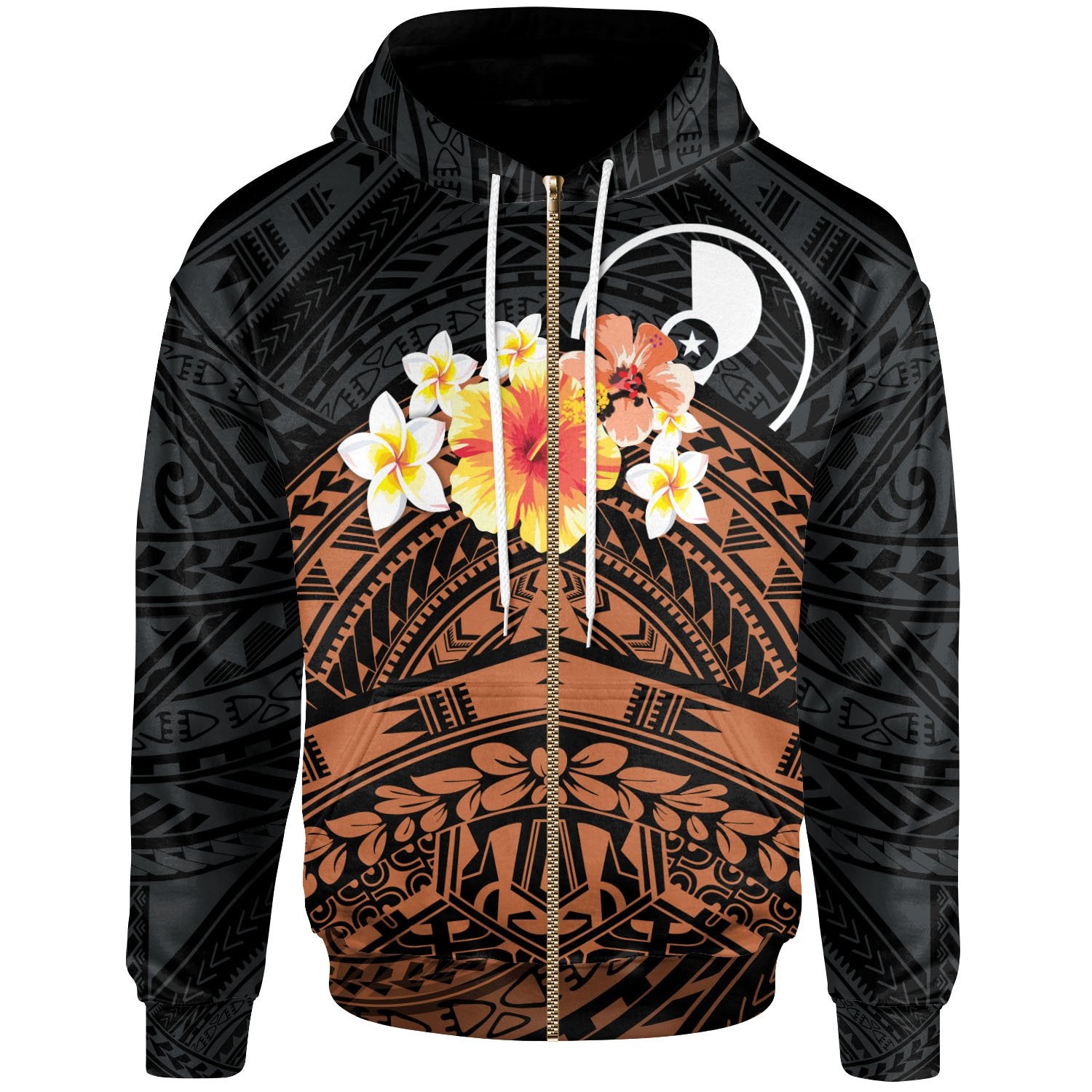 Yap Custom Zip up Hoodie Tribal Pattern Hibiscus Unisex Black - Polynesian Pride