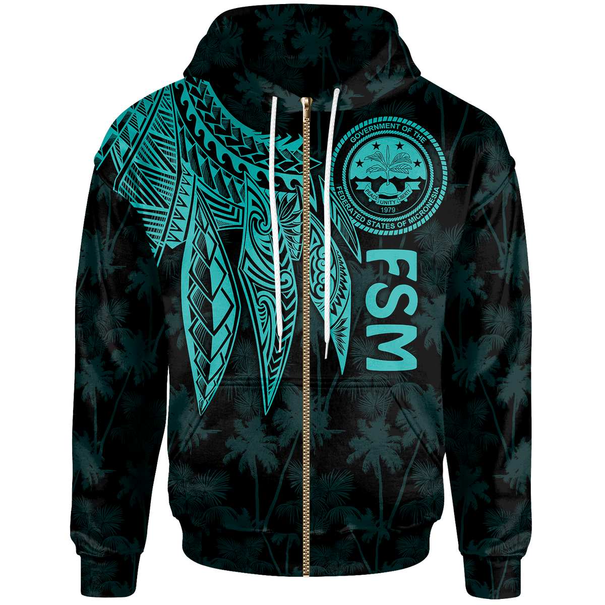 Federated States of Micronesia Zip up Hoodie Polynesian Wings (Turquoise) Unisex Turquoise - Polynesian Pride