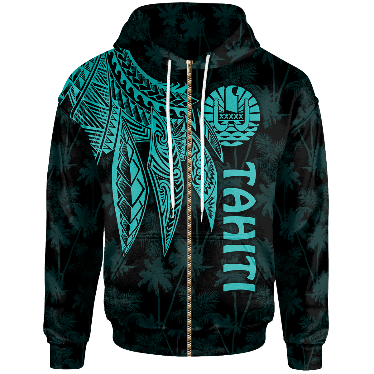 Tahiti Zip up Hoodie Polynesian Wings (Turquoise) Unisex Turquoise - Polynesian Pride
