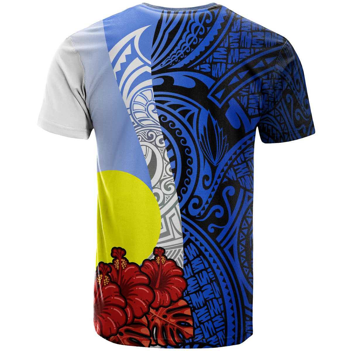 Palau Polynesian Custom T shirt Coat Of Arm With Hibiscus Blue - Polynesian Pride