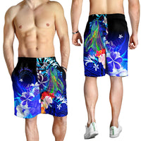 Cook Islands Men's Shorts - Humpback Whale with Tropical Flowers (Blue) - Polynesian Pride