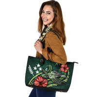 Kosrae Micronesia Polynesian Leather Tote Bag - Green Turtle Hibiscus - Polynesian Pride