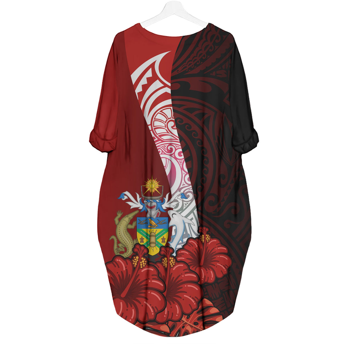 Solomon Islands Polynesian Custom Personalised Batwing Pocket Dress - Hibiscus With Coat Of Arm - Polynesian Pride