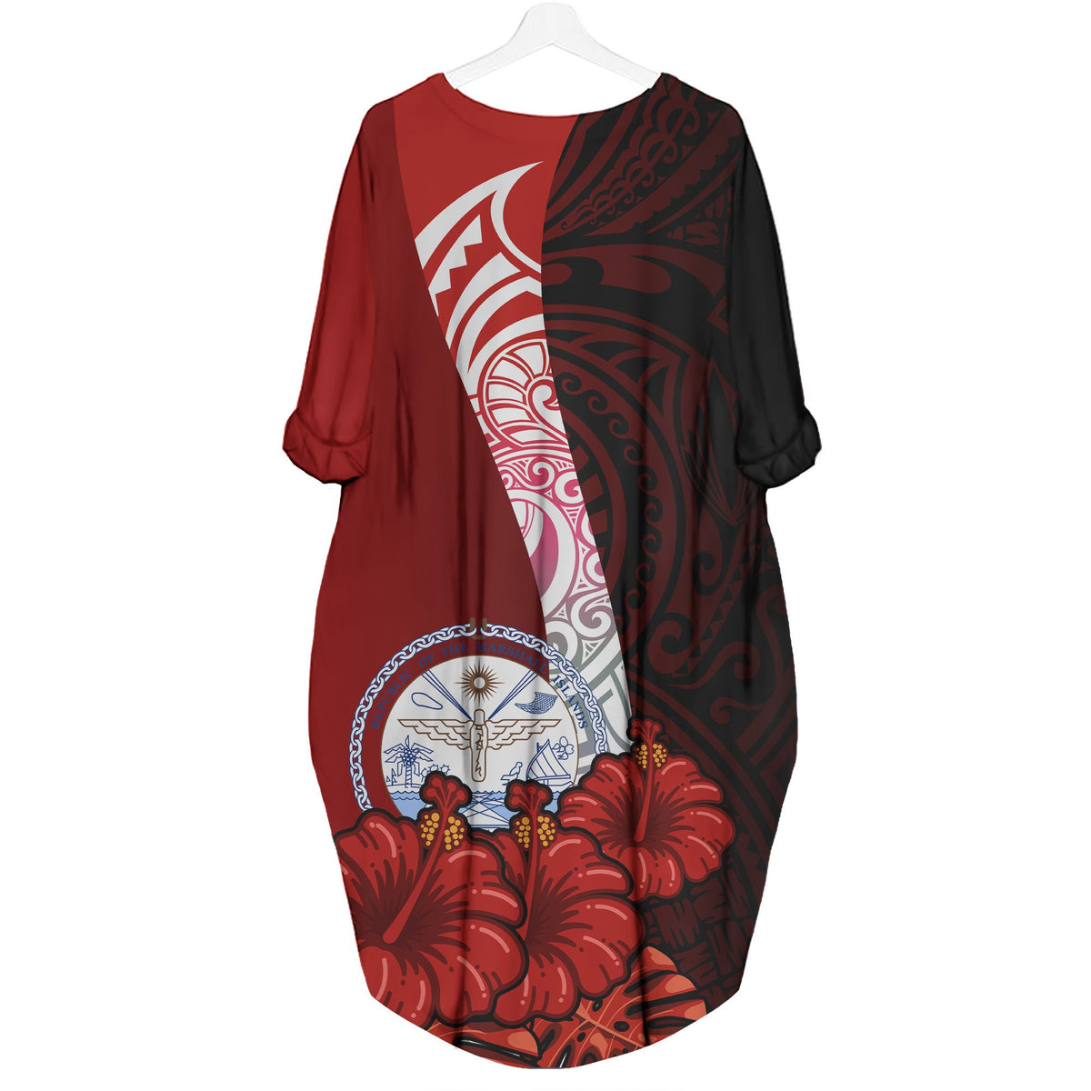 Marshall Islands Polynesian Custom Personalised Batwing Pocket Dress - Hibiscus With Coat Of Arm - Polynesian Pride
