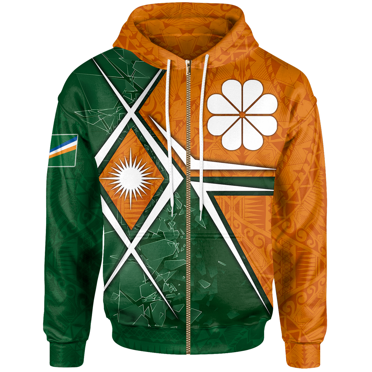 Marshall Islands Zip up Hoodie Kwajalein Atoll Marshall Islands Flag with Polynesian Patterns Unisex Green - Polynesian Pride