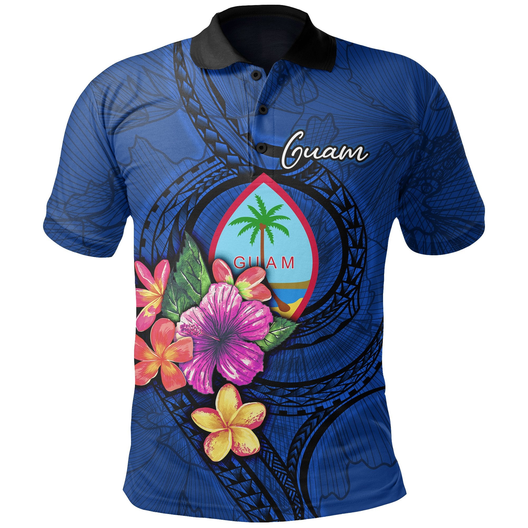Guam Polynesian Polo Shirt Floral With Seal Blue Unisex Blue - Polynesian Pride