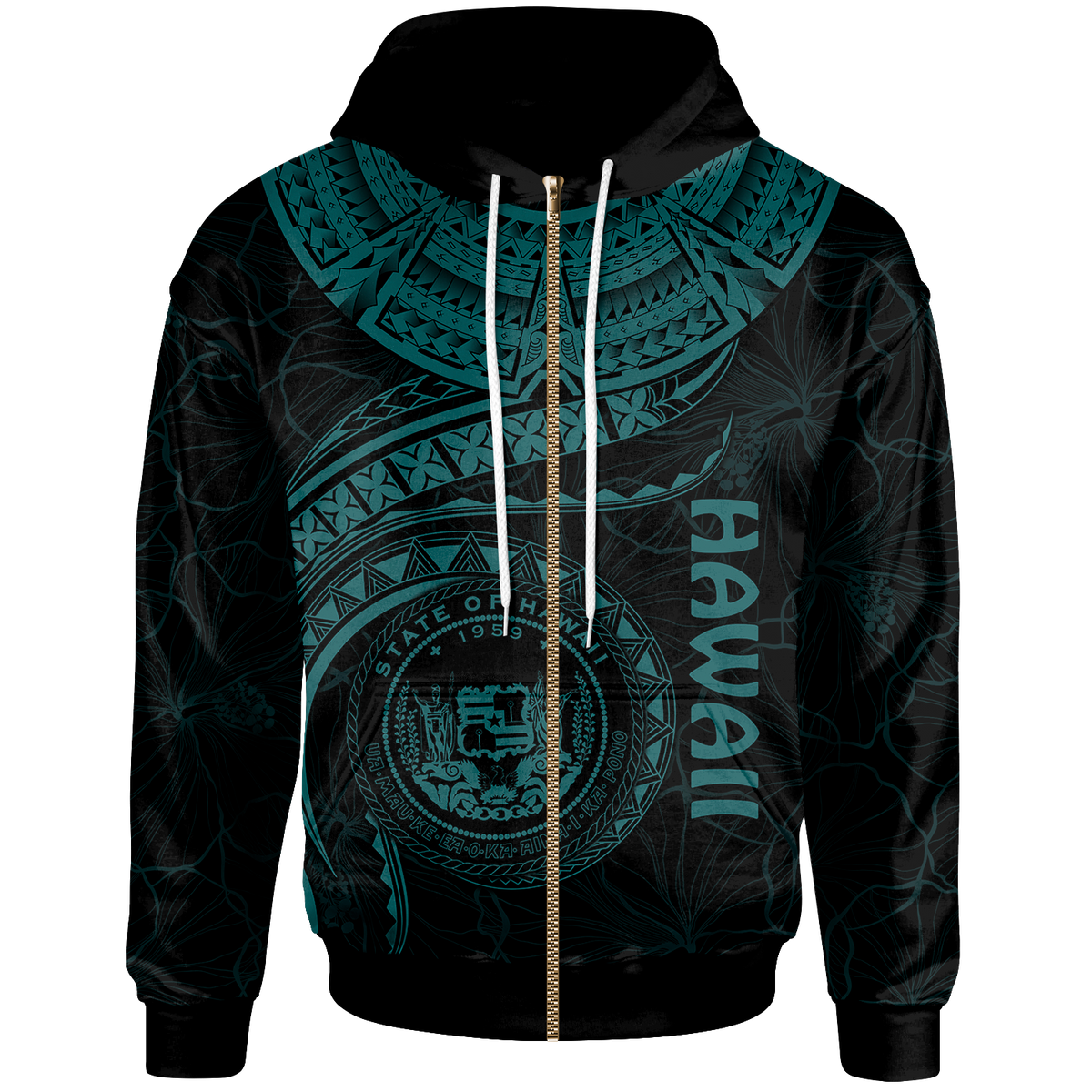 Polynesian Hawaii Zip up Hoodie Hawaiian Waves (Turquoise) Unisex Turquoise - Polynesian Pride
