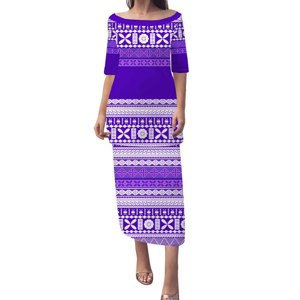 Bula Fiji Puletasi Dress Purple Tapa Pattern LT13 Purple - Polynesian Pride