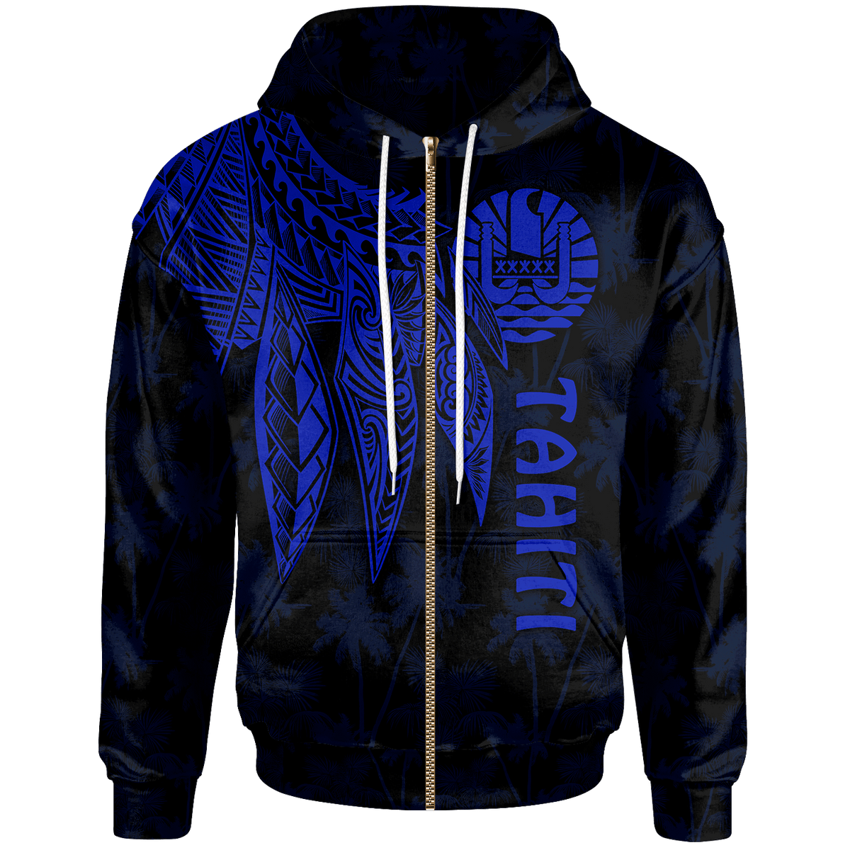Tahiti Zip up Hoodie Polynesian Wings (Blue) Unisex Blue - Polynesian Pride