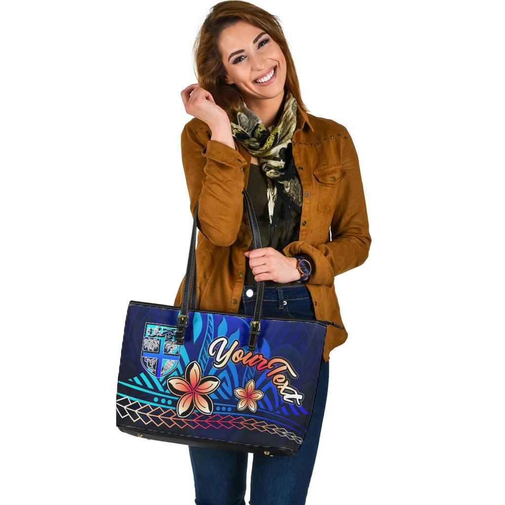 Fiji Custom Personalised Large Leather Tote Bag - Vintage Tribal Mountain - Polynesian Pride