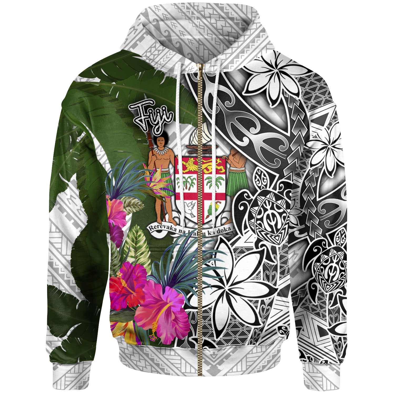 Fiji Zip up Hoodie White Turtle Plumeria Banana Leaf Crest Unisex White - Polynesian Pride