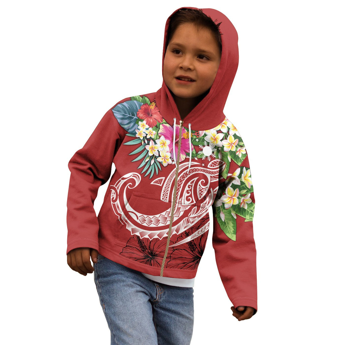 The Philippines Zip up Hoodie Summer Plumeria (Red) - Polynesian Pride