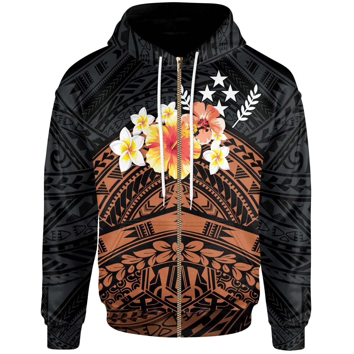 Kosrae Custom Zip up Hoodie Tribal Pattern Hibiscus Unisex Black - Polynesian Pride