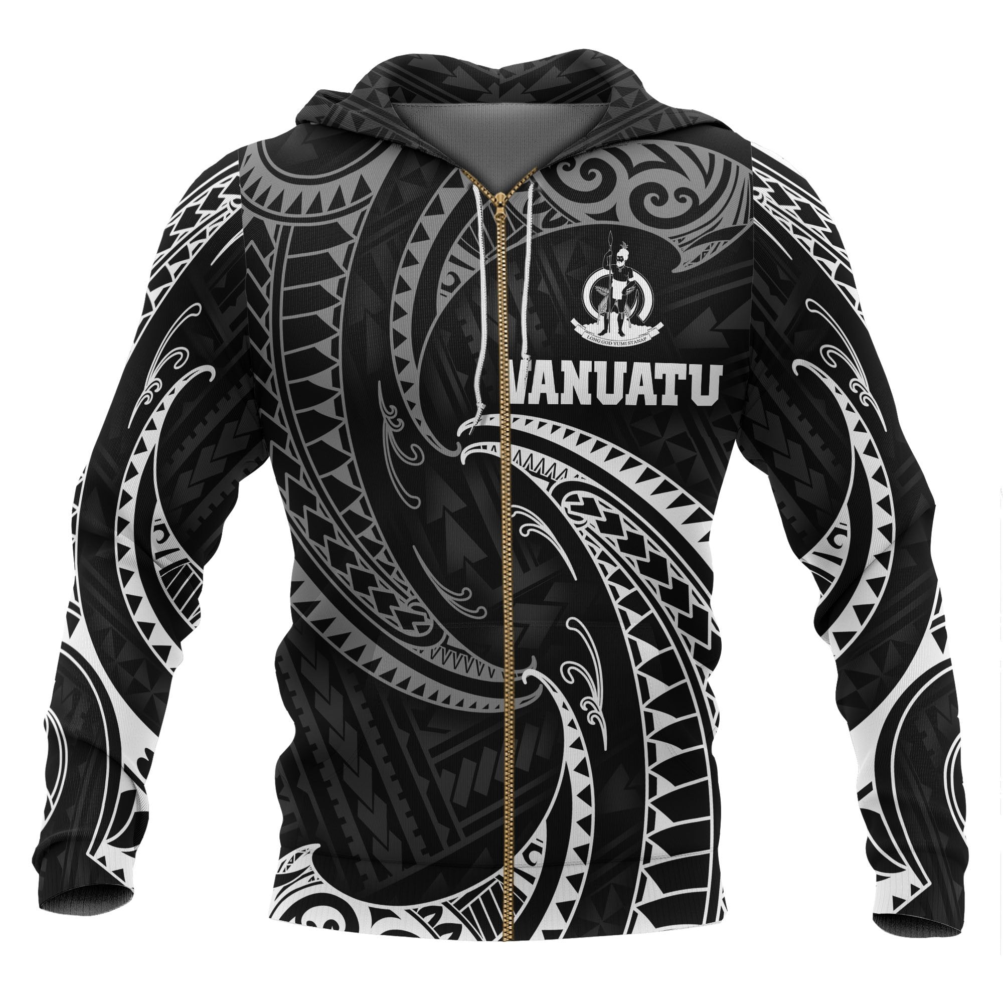 Vanuatu Polynesian Zip up Hoodie White Tribal Wave Unisex Black - Polynesian Pride