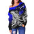 Cook Islands Women's Off Shoulder Sweaters - Tribal Jungle Pattern Blue Color - Polynesian Pride
