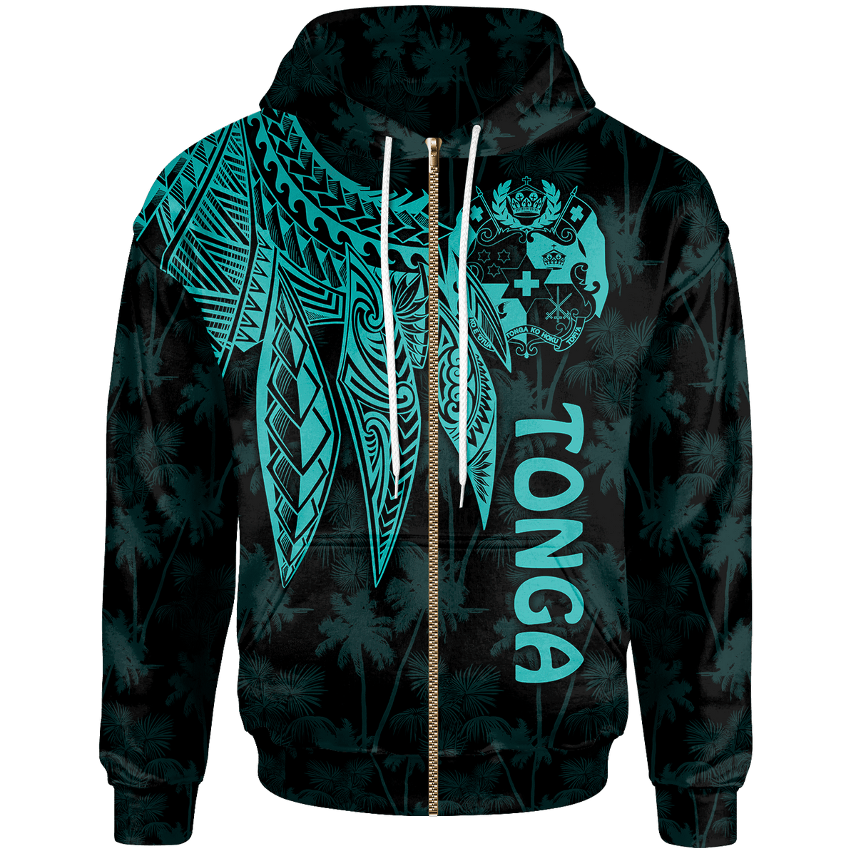 Tonga Zip up Hoodie Polynesian Wings (Turquoise) Unisex Turquoise - Polynesian Pride