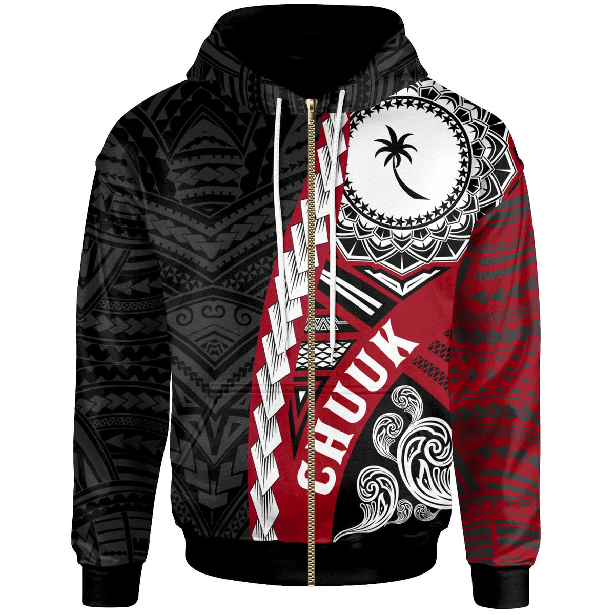 Chuuk Micronesia Polynesian Zip up Hoodie Wave Tattoo Unisex Red - Polynesian Pride