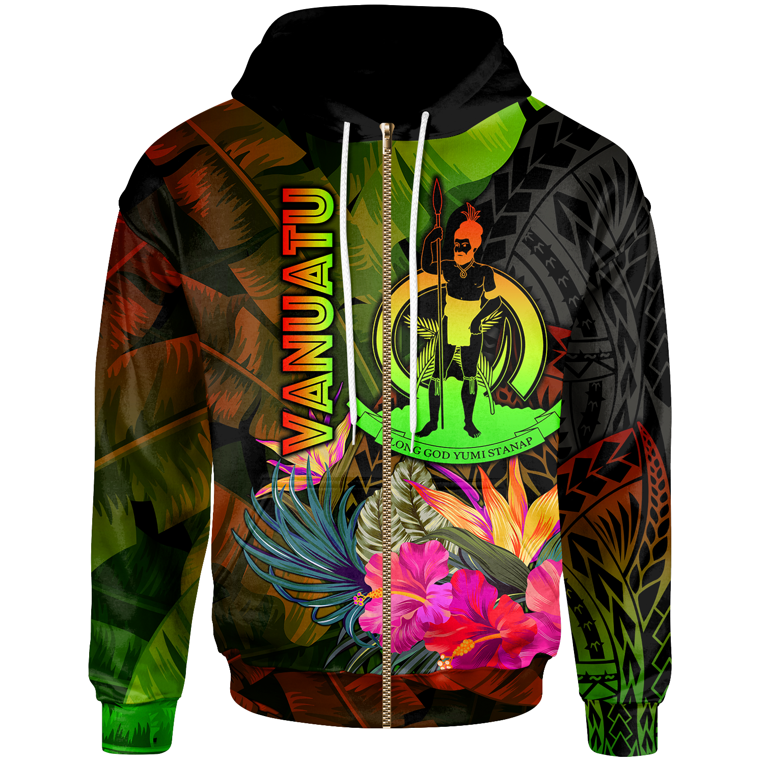 Vanuatu Polynesian Zip up Hoodie Hibiscus and Banana Leaves Unisex Reggae - Polynesian Pride
