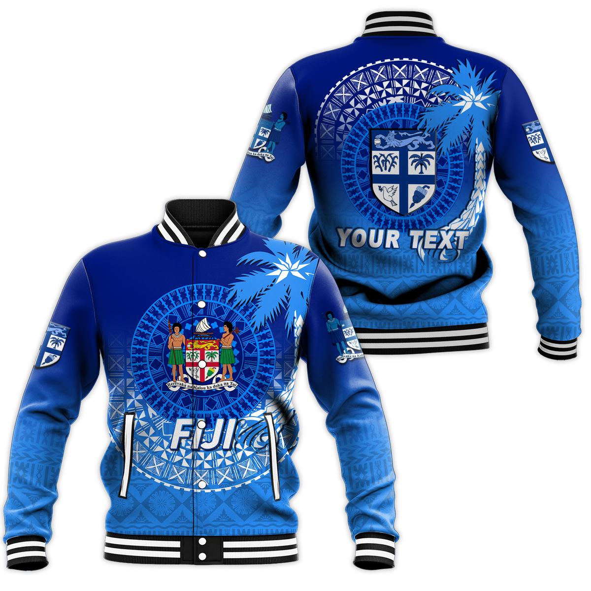 (Custom Personalised) Fiji Tapa Tribal Coconut Tree Baseball Jacket - LT12 Unisex Blue - Polynesian Pride