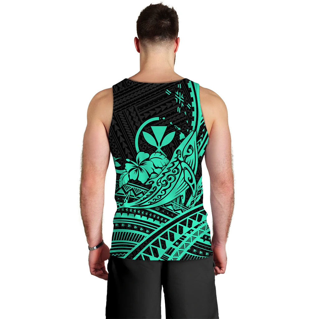 Hawaii Humpback Whale With Hibiscus Tribal Turquoise Men Tank Top - LT12 - Polynesian Pride