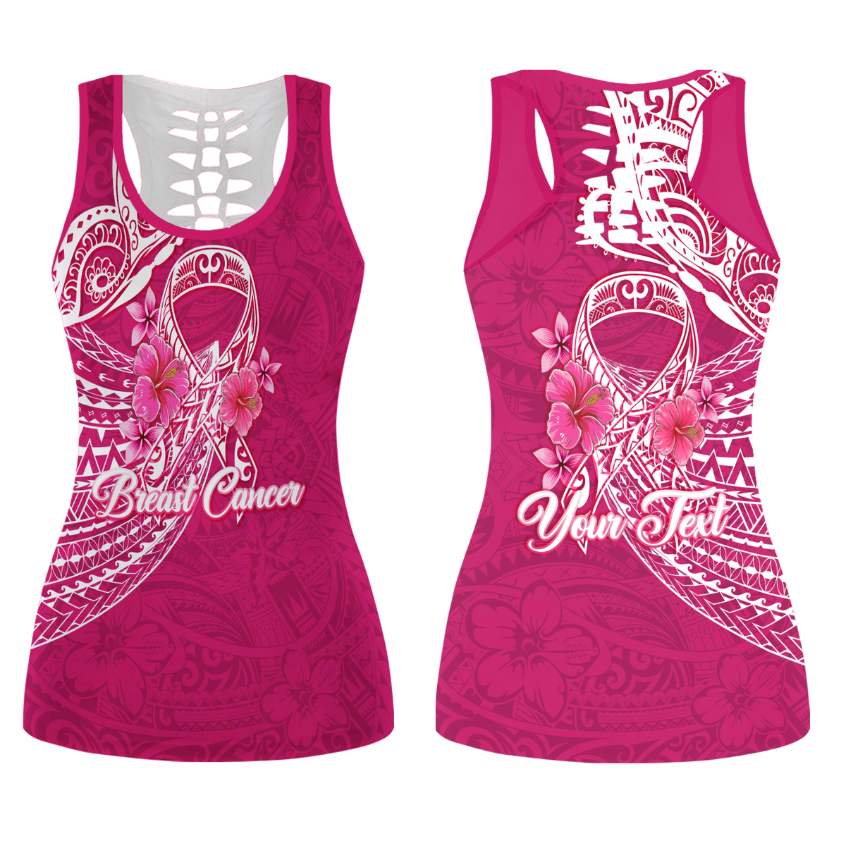 (Custom Personalised) Breast Cancer Pink Ribbon Butterfly Polynesian Pink Version Hollow Tank Top - LT12 Female Pink - Polynesian Pride