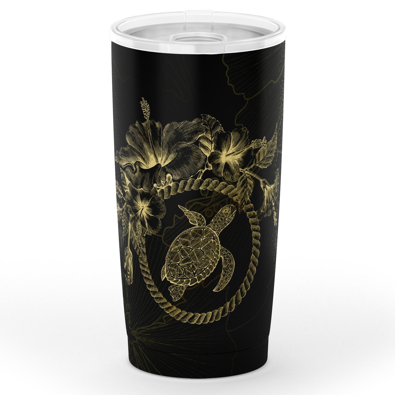 Polynesian Tumbler - Gold Turtle Hibiscus Flower Frame Vintage