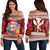 Hawaii Santa Claus Pineapple Pattern Women's Off Shoulder Sweater - Dry Style - AH Red - Polynesian Pride