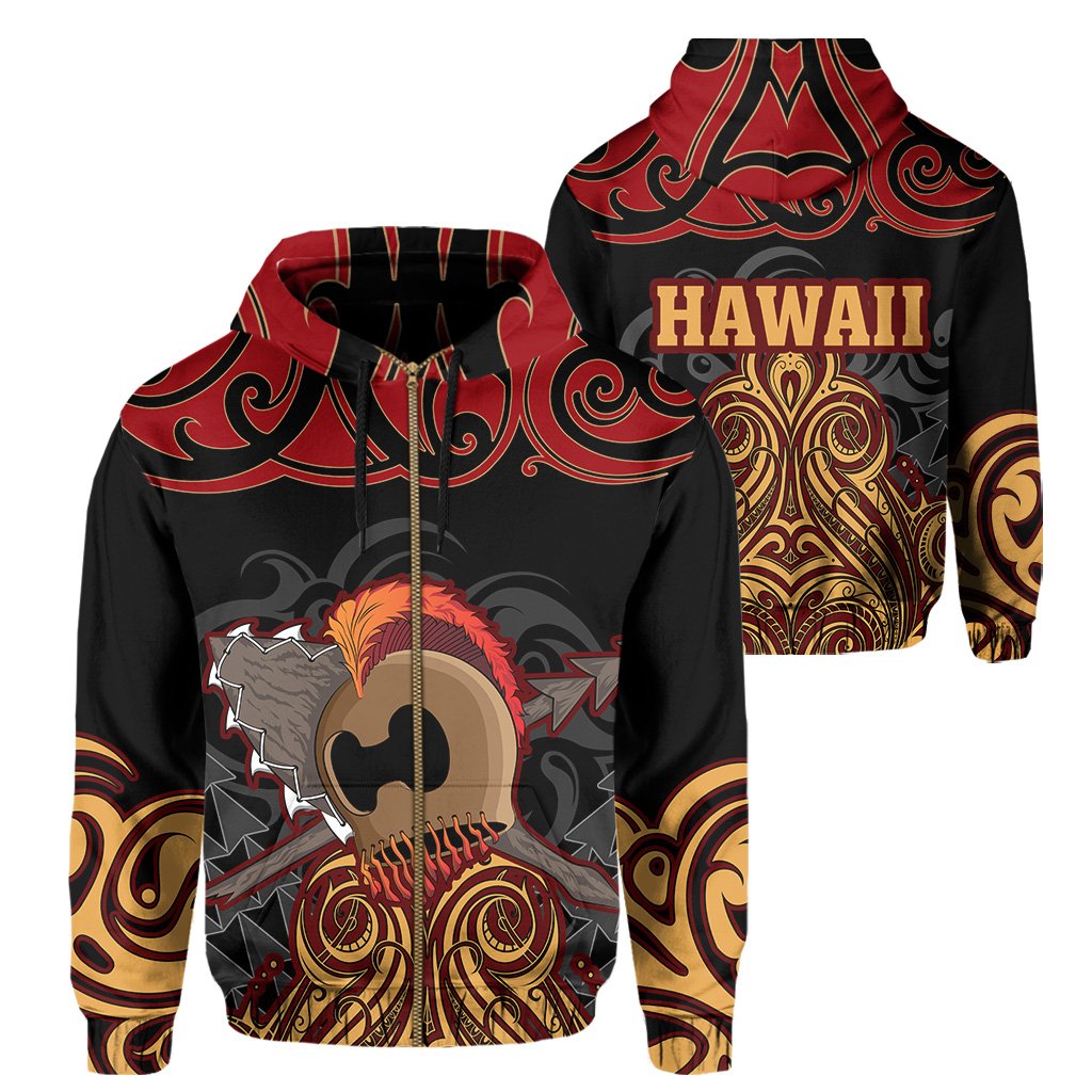 Hawaii Warrior Polynesian Hoodie (Zip up) Stock Style Unisex Black - Polynesian Pride