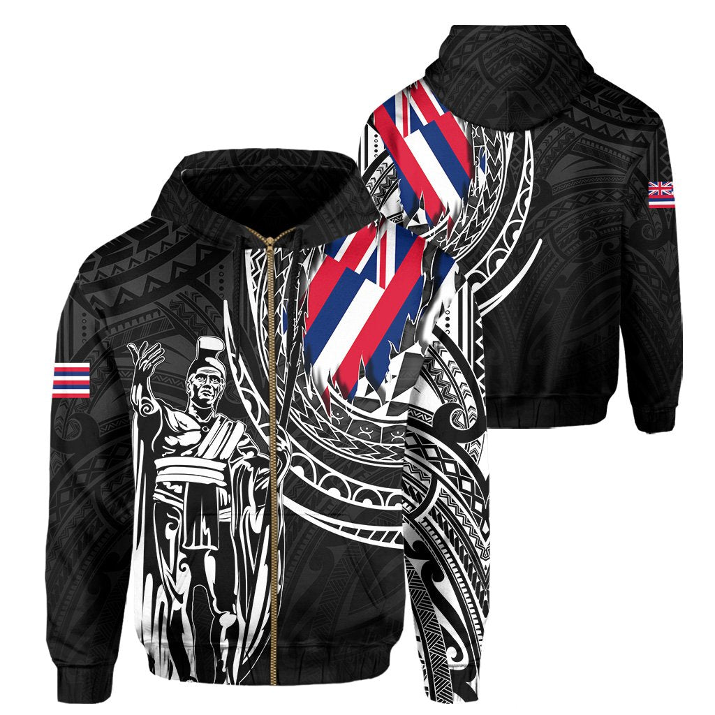 Hawaii King Flag Polynesian Hoodie (Zip up) Tity Style Unisex Black - Polynesian Pride