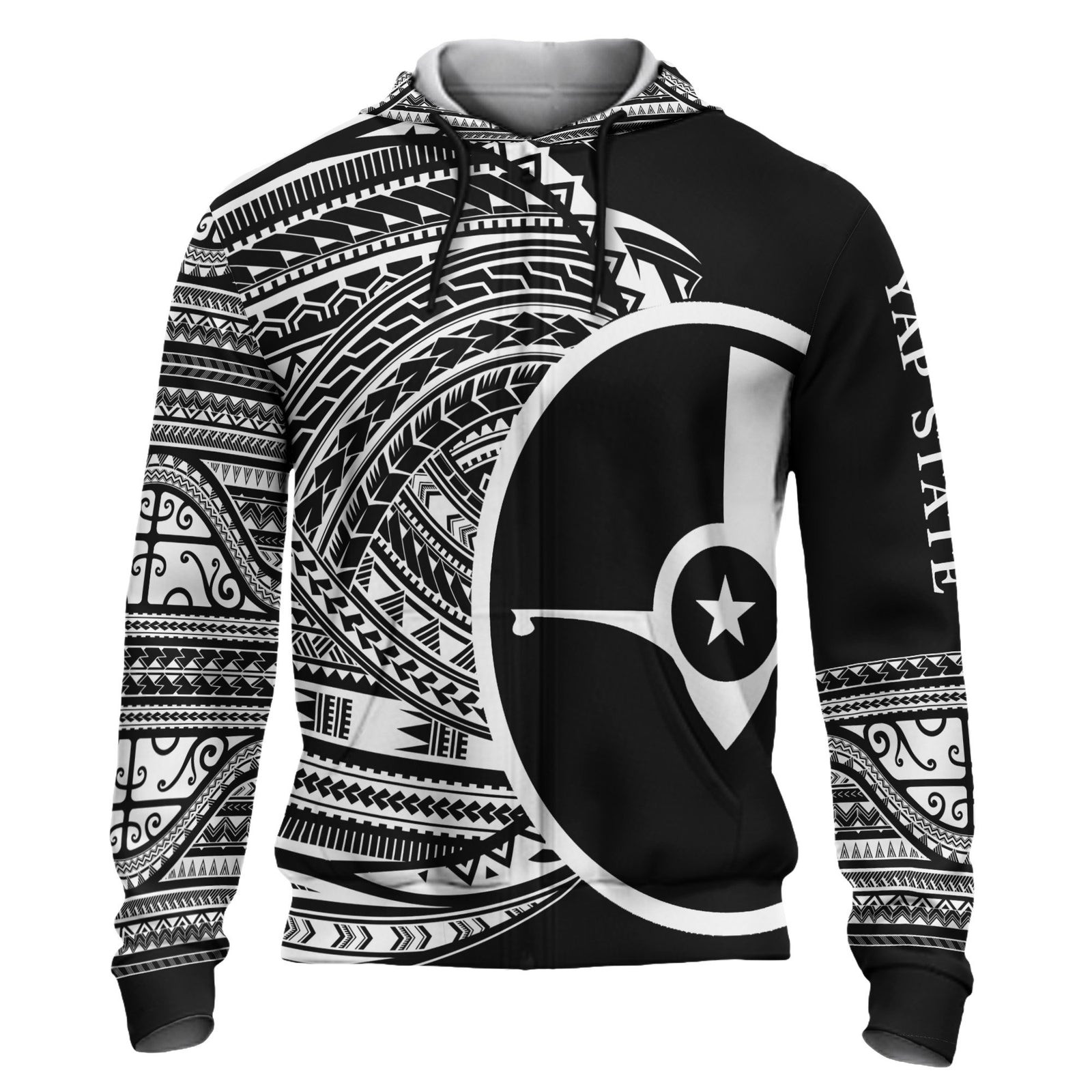 Yap Hoodie Micronesia White Patterns With Coat of Arms Unisex Black - Polynesian Pride