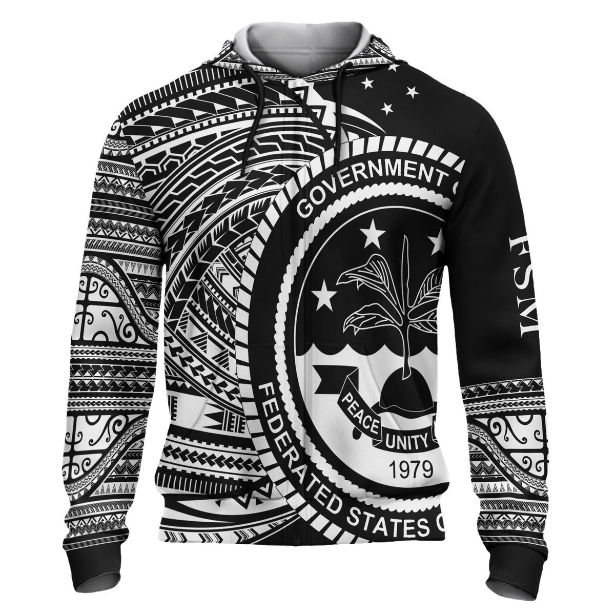 Federated States of Micronesia Hoodie Micronesia White Patterns With Coat of Arms Unisex Black - Polynesian Pride