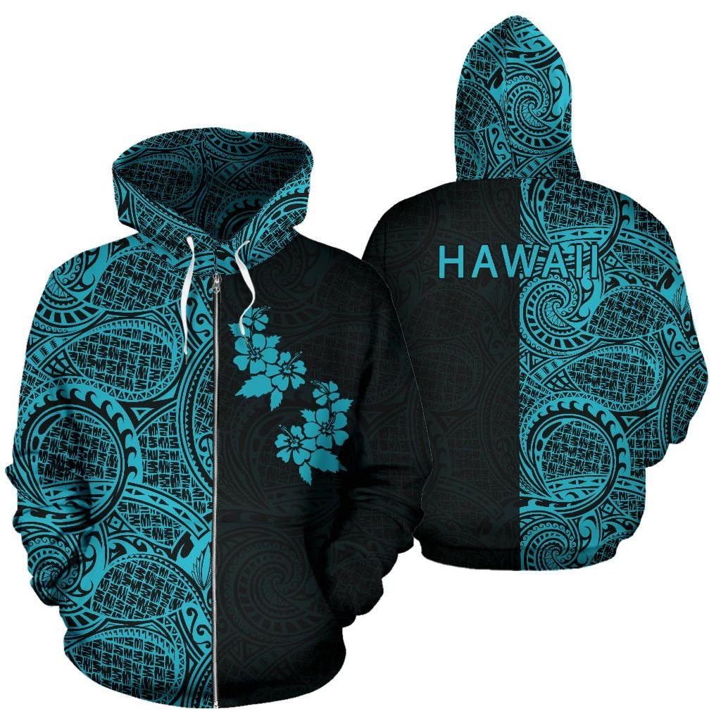 Hibiscus Hoodie Zip up Polynesian Half Style Blue Unisex Blue - Polynesian Pride