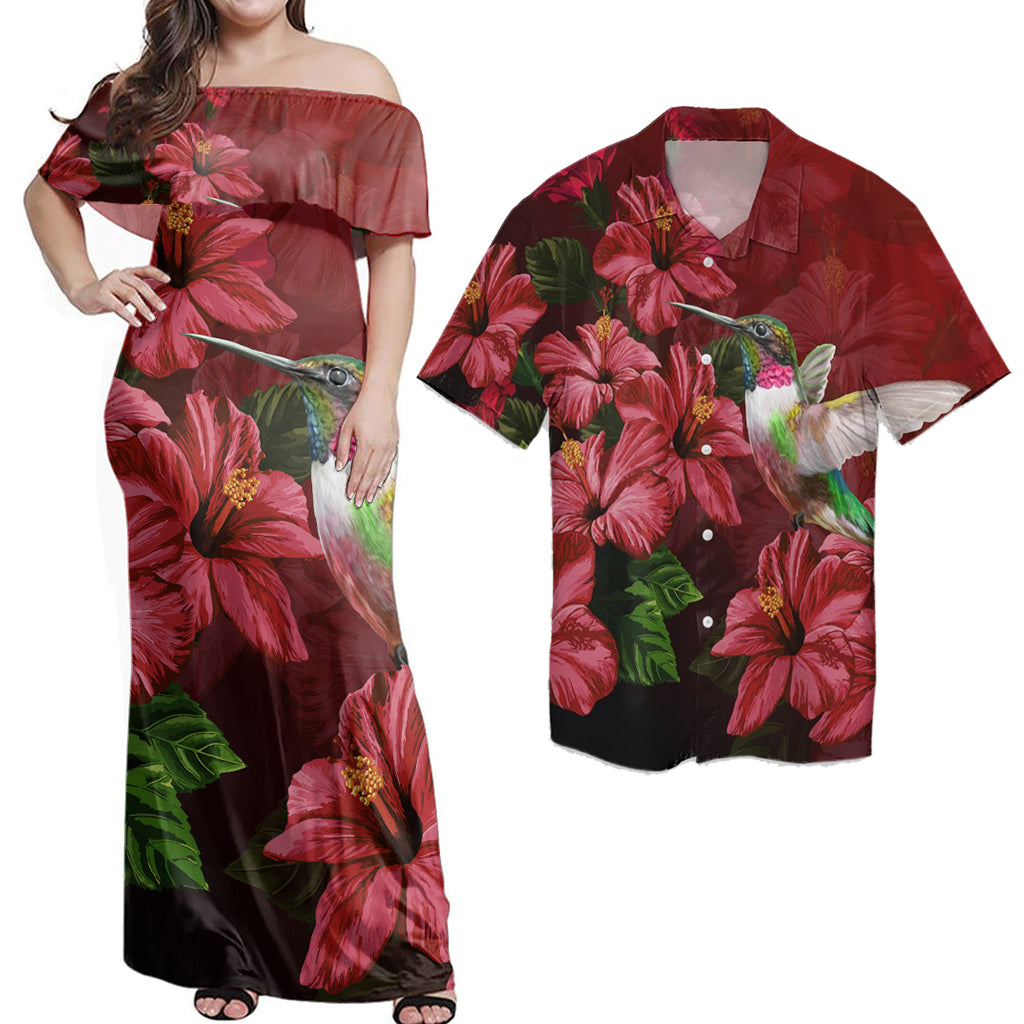 hawaiian dress matching shirt Matching Dress & Hawaiian Shirt - Hawaii Red Hibiscus Humming Bird Couples Set