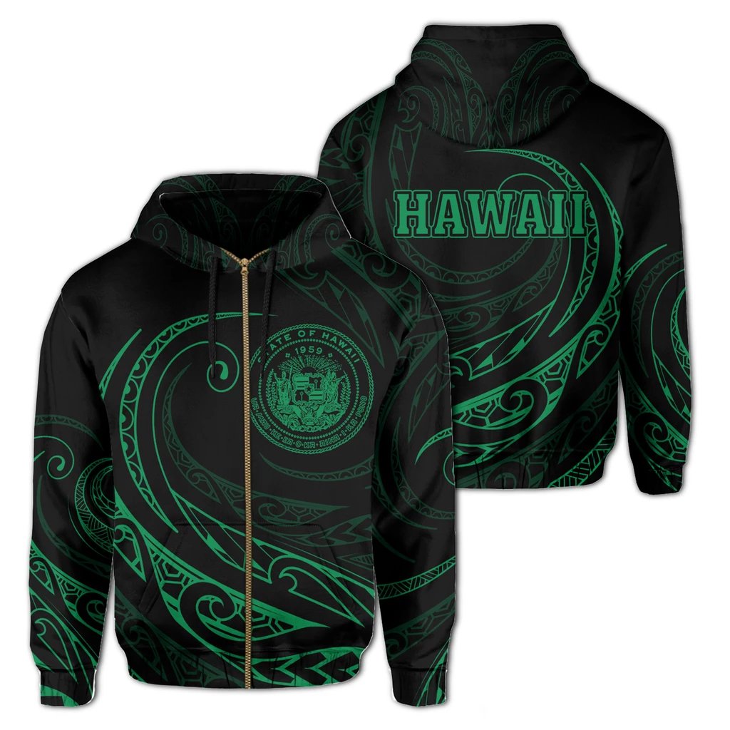 Hawaii Zipper Hoodie Frida Style Green Unisex Black - Polynesian Pride
